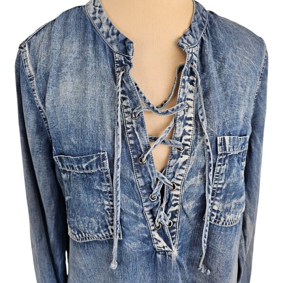 Saks Fifth Avenue Denim Look Long Sleeve Blouse Sz M - Picture 2 of 8